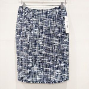 Calvin Klein Tweed Fringe Trim Pencil Skirt Suiting Blue Multi Size 2 Menswear